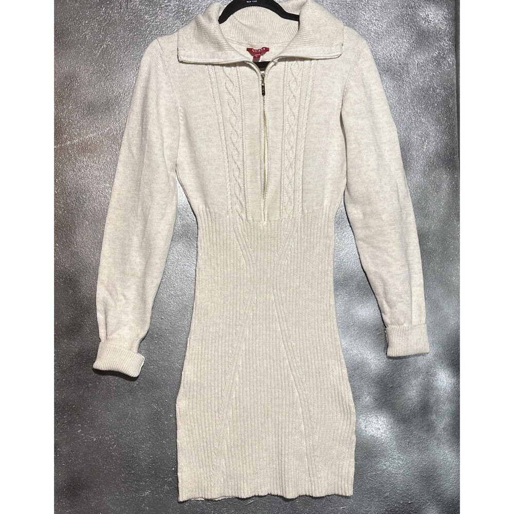 Guess Ivory V-Neck Cable Knit Long Sleeve Ribbed Sweater Dress XL Cabincore
